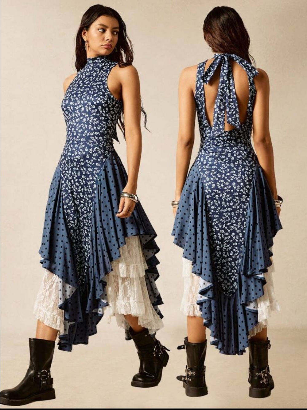 SHEIN Navy Floral High-Low Halter Dress with Lace Tier